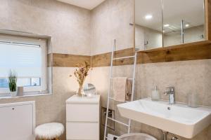 a bathroom with a sink and a mirror at Alpenloft mit Garten & BBQ am Chiemsee by Dollop Living in Bernau am Chiemsee +31 photos
