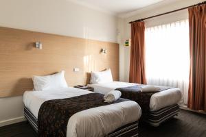 Una habitación de hotel con dos camas y una ventana. en Sphinx Hotel, en Hamlyn Heights