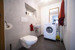 a bathroom with a toilet and a washing machine at Studio Nuna EG in Ardez