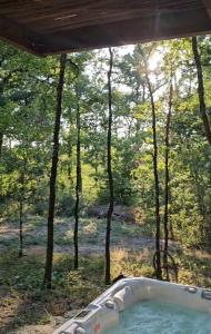 vasca da bagno in mezzo a una foresta di Chalet au bois tranquille a Saint-André-de-Double