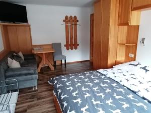 a bedroom with a bed and a couch and a tv at Gästehaus Holzer in Viehhofen
