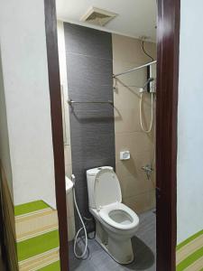 a small bathroom with a toilet and a shower at ZIUR INN in Laoag