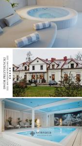 due foto di una casa e di una piscina di Dwór Prezydencki Boutique Hotel & SPA a Tarnów