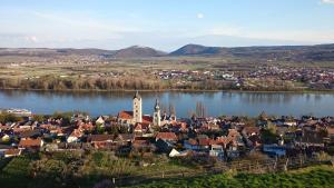 eine kleine Stadt an einem See mit einer Kirche in der Unterkunft Mein Wein Appartment in Krems an der Donau