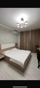 a bedroom with a large bed and a ceiling fan at Van Park Hotel in Shymkent