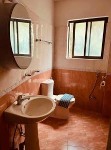 Un baño con inodoro, lavabo y espejo. en Blissful Boudha Apartment, en Katmandú