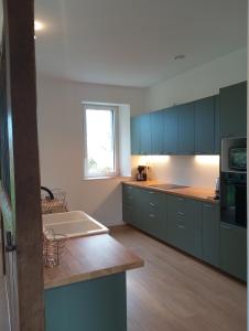 a kitchen with green cabinets and a sink and a window at Maison de maître in Bernac-Debat