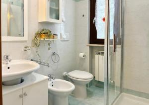 een badkamer met een toilet, een wastafel en een douche bij Holihome Sofy Mare in Tortoreto Lido