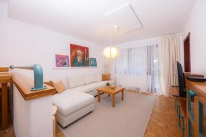 克拉尼斯卡戈拉Apartments Baki Kranjska Gora的客厅里有一张白色沙发和一台电视