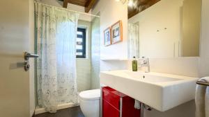 Un baño con lavabo blanco y inodoro. en Morada la Tosa, en Alp 24 fotos más