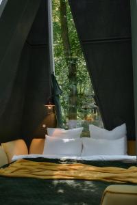 ein Bett in einem Zelt mit großem Fenster in der Unterkunft Namety Park in Kiew