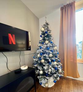 モーにあるDispo Noël - 20 min Disneyland Parisのリビングルームに青と銀の装飾が施されたクリスマスツリー