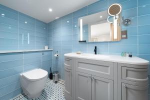 a blue bathroom with a toilet and a mirror at Barn Cottage Painswick in Painswick +17 photos