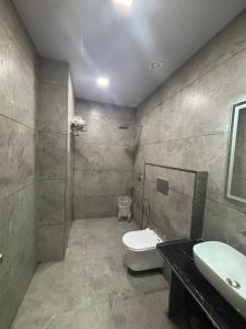 een badkamer met een douche, een toilet en een wastafel bij Hotel Shree Rajasthan Inn in Ajmer