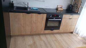 een keuken met een spoelbak en een aanrechtblad bij Golden Ząbkowska A in Dobrovelychkivka