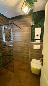Romantic Chalet with Jacuzzi & Sauna 2- Trebević near Sarajevo في سراييفو: حمام به مرحاض وجدار أخضر