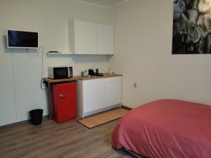 a room with a kitchen with a bed and a microwave at Malpensa monolocale indipendente in Samarate