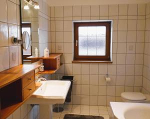 a bathroom with a sink and a toilet and a window at Bodenschneidsuiten Das Gschwandler in Tegernsee +27 photos