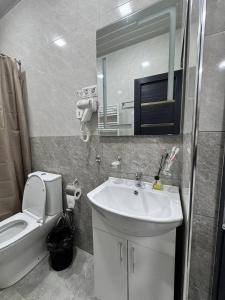 a bathroom with a sink and a toilet and a mirror at Bank Hotel in Yeghegnadzor +59 photos