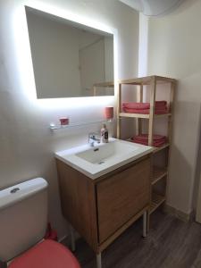 een badkamer met een wastafel en een spiegel en een toilet bij Tokelau - Vue Mer in Sausset-les-Pins