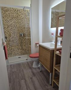 een badkamer met een douche, een toilet en een wastafel bij Tokelau - Vue Mer in Sausset-les-Pins +11 foto's