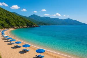 a beach with blue umbrellas and chairs and the ocean at Flat in Orikum Beach in Orikum