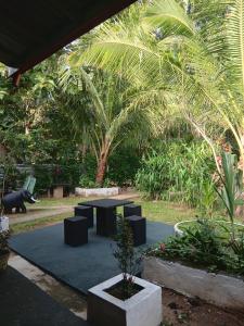 Ein Park mit schwarzen Tischen und einem Hund im Hintergrund in der Unterkunft MRO Sigiriya Village Homestay & Hostel in Sigiriya