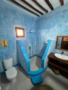 米查维Sunset Mkuu Boutique Hotel的蓝色的浴室设有水槽和卫生间