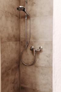 a shower with a shower head in a bathroom at Pension Adler in Sonthofen