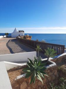 Una pasarela junto al mar con algunas plantas. en Summertime, en Porches
