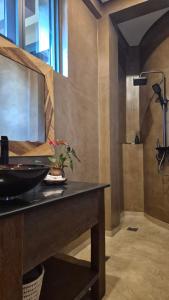 a bathroom with a sink and a shower at Explorers Kilimanjaro Boutique Hotel in Moshi +74 photos