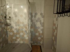 a bathroom with a shower with a shower curtain at Vielle-aure le 2bers 90 M2 avec mezzanine et linge inclu in Vielle-Aure +22 photos