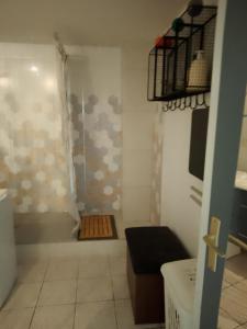 a small bathroom with a shower and a tub at Vielle-aure le 2bers 90 M2 avec mezzanine et linge inclu in Vielle-Aure