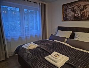 une chambre avec un lit avec des serviettes dessus dans l'établissement Ferienwohnung Dornröschen, à Olpe