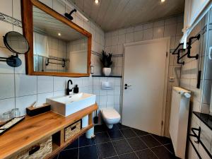 une salle de bains avec lavabo, toilettes et miroir dans l'établissement Ferienwohnung Dornröschen, à Olpe 36 autres photos