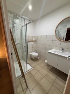 ein Badezimmer mit Dusche, Toilette und Waschbecken in der Unterkunft Appartement cosy au cœur de la vallée de la Marne in Mézy-Moulins