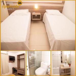 - deux photos d'une chambre avec un lit et des toilettes dans l'établissement Hotel Aparecida, à Rodeio Bonito
