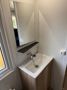 a bathroom with a sink and a mirror at Chalet Meerhuus Lauwersoog in Lauwersoog +20 photos