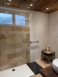 a bathroom with a shower with a glass door at Appartement Sissi in Altmünster