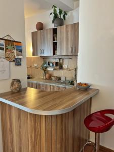 a kitchen with a counter and a red stool at Flora Apartment - near the sea in Bar, Susanj +7 photos