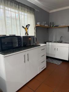 a kitchen with white cabinets and a microwave on a counter at 4 On Susanna in Kimberley