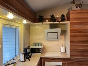 a kitchen with a counter top with a coffee maker at Villa Feniksas in Poškai