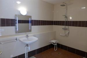 une salle de bain avec lavabo et douche dans l'établissement Les jonquilles, à Vignes-la-Côte