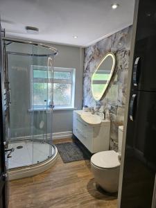 een badkamer met een douche, een toilet en een wastafel bij Tastefully decorated modern home in Nantwich