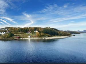 een eiland in het midden van een groot waterlichaam bij Herb Farm Guesthouse in Senja