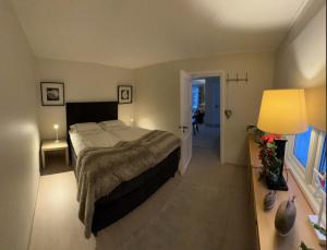 een slaapkamer met een groot bed en een lamp bij Herb Farm Guesthouse in Senja