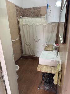a small bathroom with a sink and a shower at Osvaldo Day Cabin with Pool in Albardón