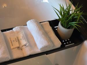 a black tray with towels and a potted plant at Motel Rimouski in Rimouski