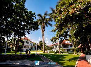 Blick auf die Vorderseite des Resorts mit Palmen in der Unterkunft Quinta Celeste in Temixco