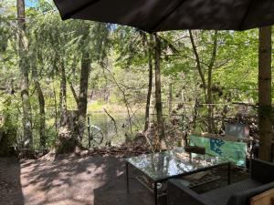 ein Tisch und Stühle unter einem Sonnenschirm im Wald in der Unterkunft Bungalow im Wald am See - Biberspur in Zieko